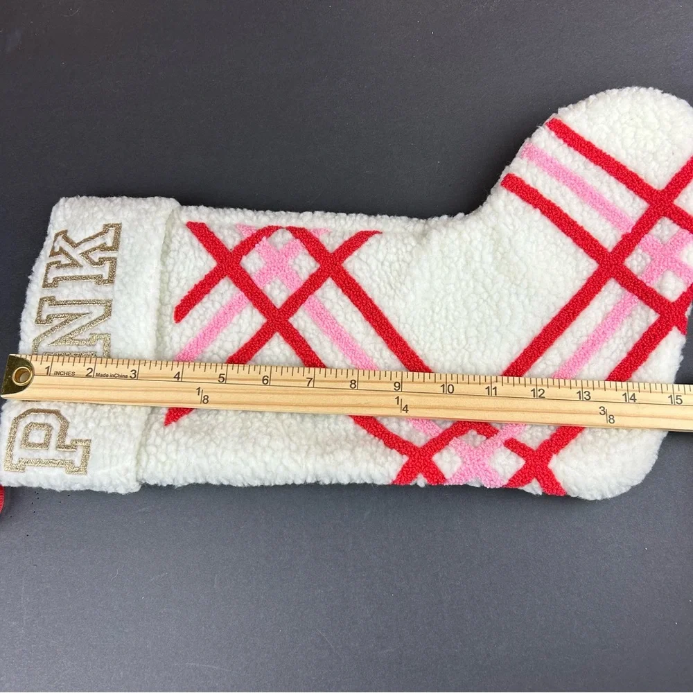 NEW - PINK By Victoria’s Secret Sherpa White Candy Cane Christmas Stocking Fairy